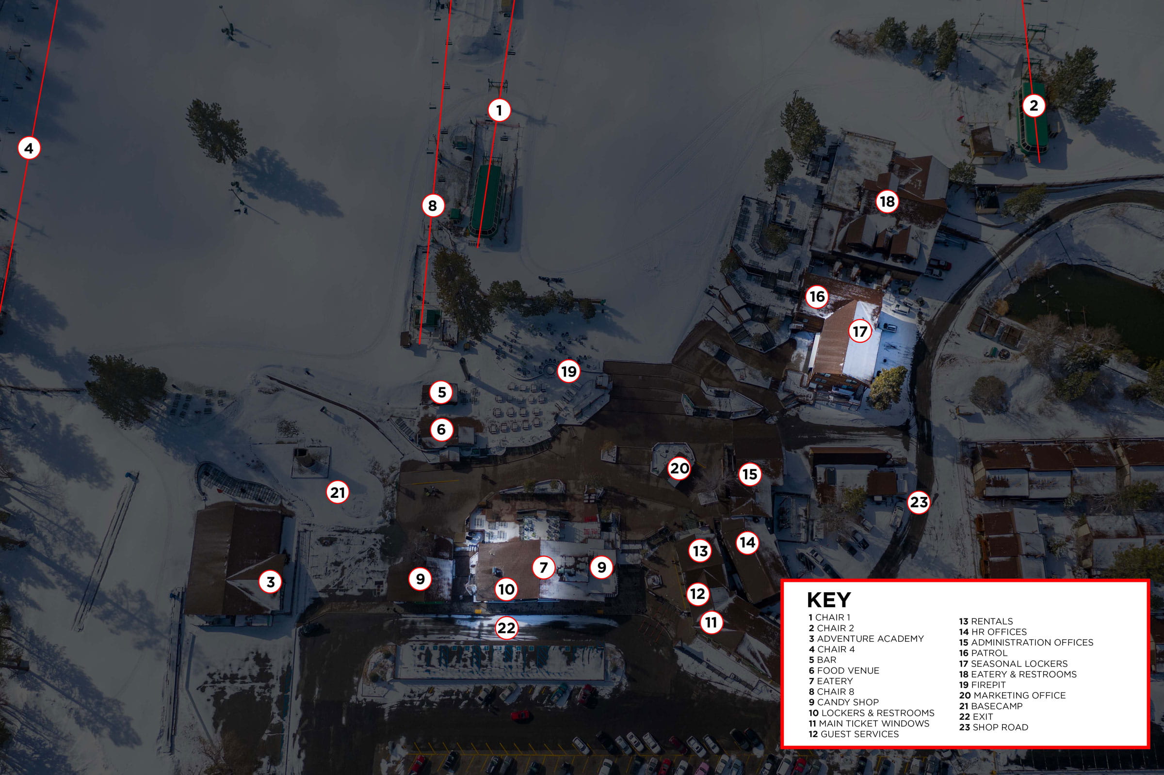Snow Summit base area drone view in winter with legend